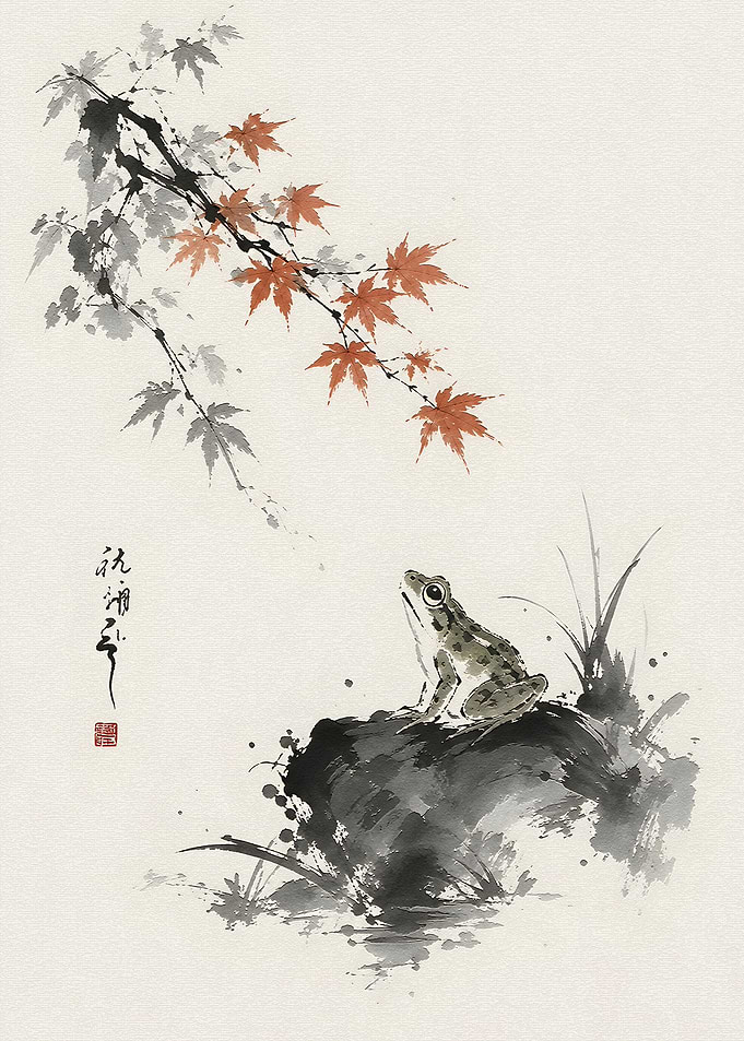 Frog on a Rock with Maple Leaves