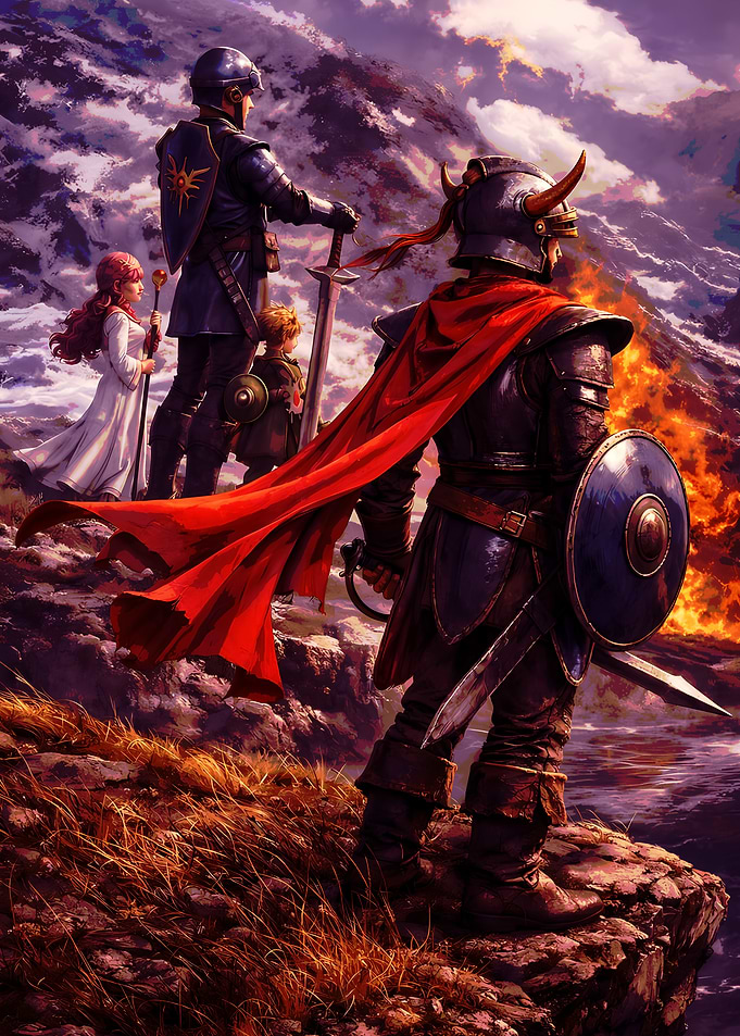 Knights and children on a cliff