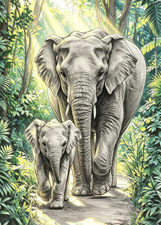 Mother and baby elephant in forest