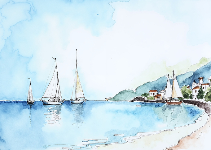 Sailboats by a Coastal Village