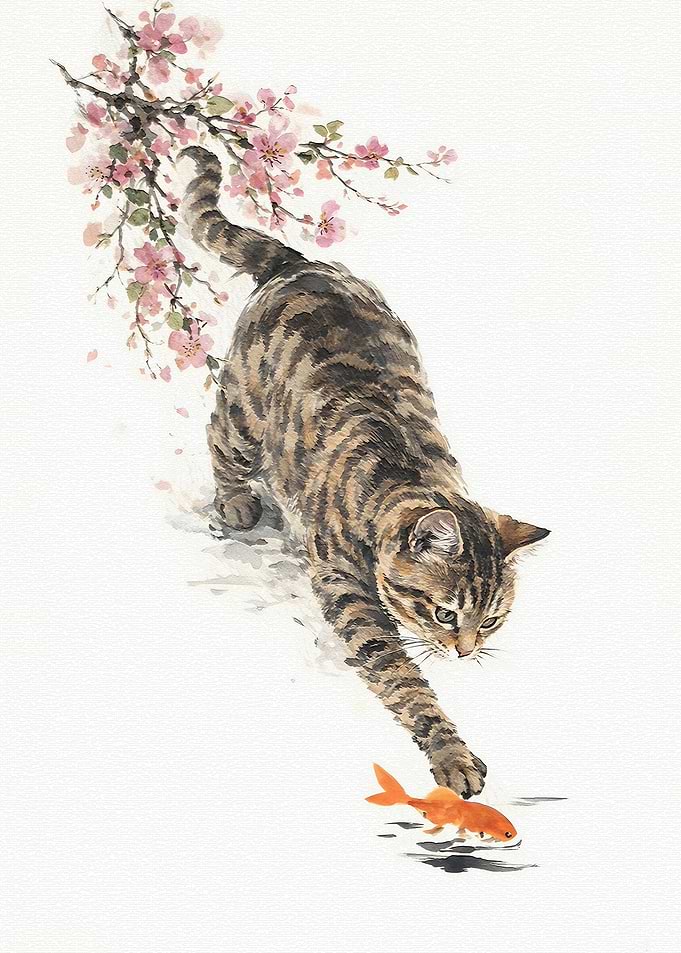 Cat and Goldfish Under Cherry Blossoms