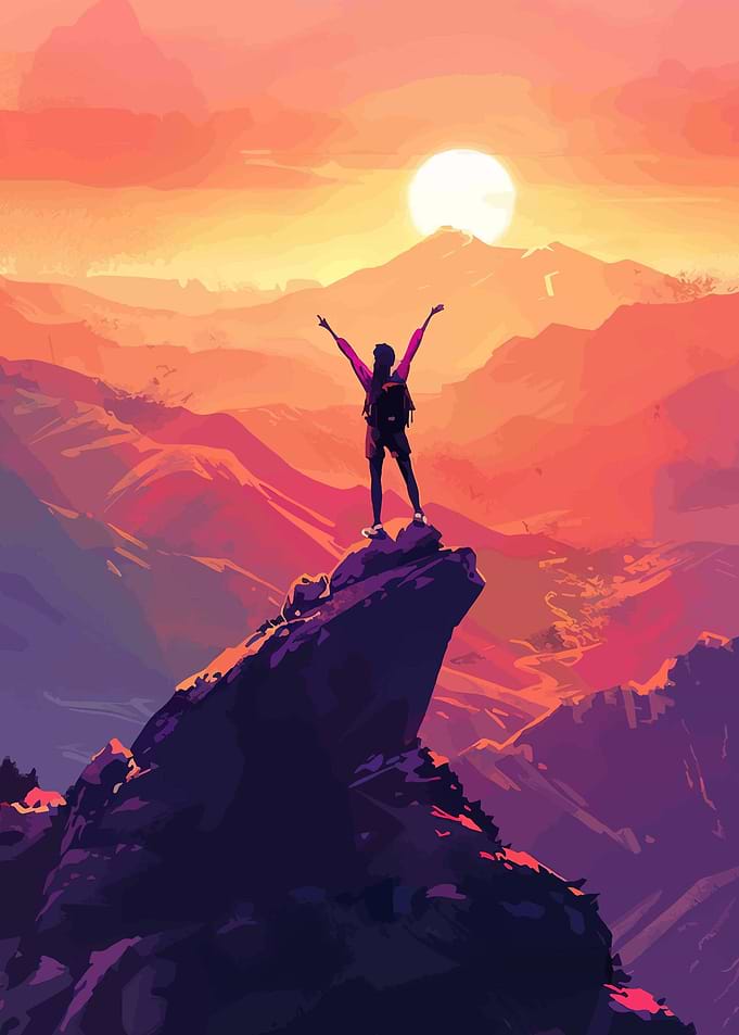 Hiker celebrating on mountain peak at sunset
