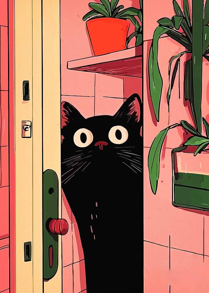 Black Cat Peeking Around Door