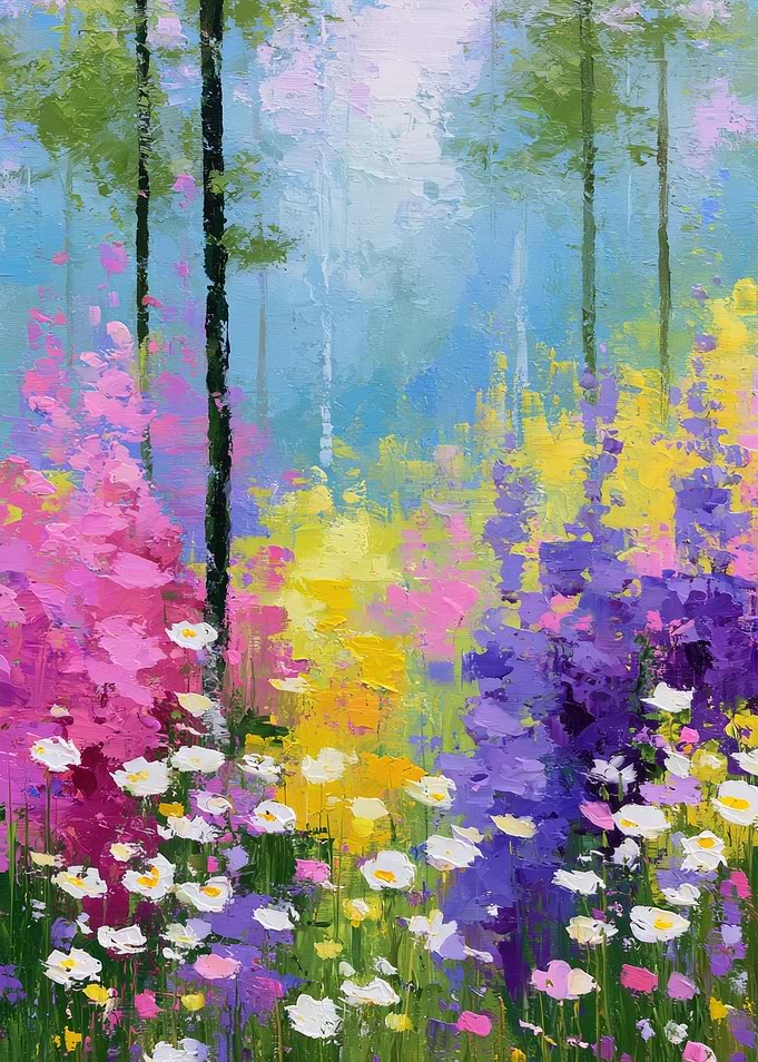Impressionist Forest with Wildflowers