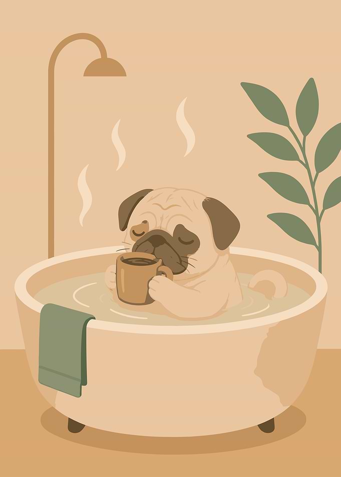 Pug Enjoying a Bath with Coffee