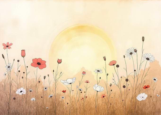 Watercolor Meadow with Sun and Flowers