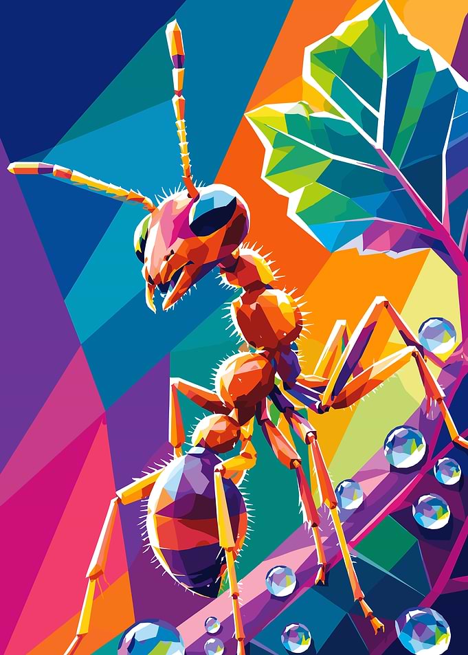 Vibrant Ant with Water Droplets