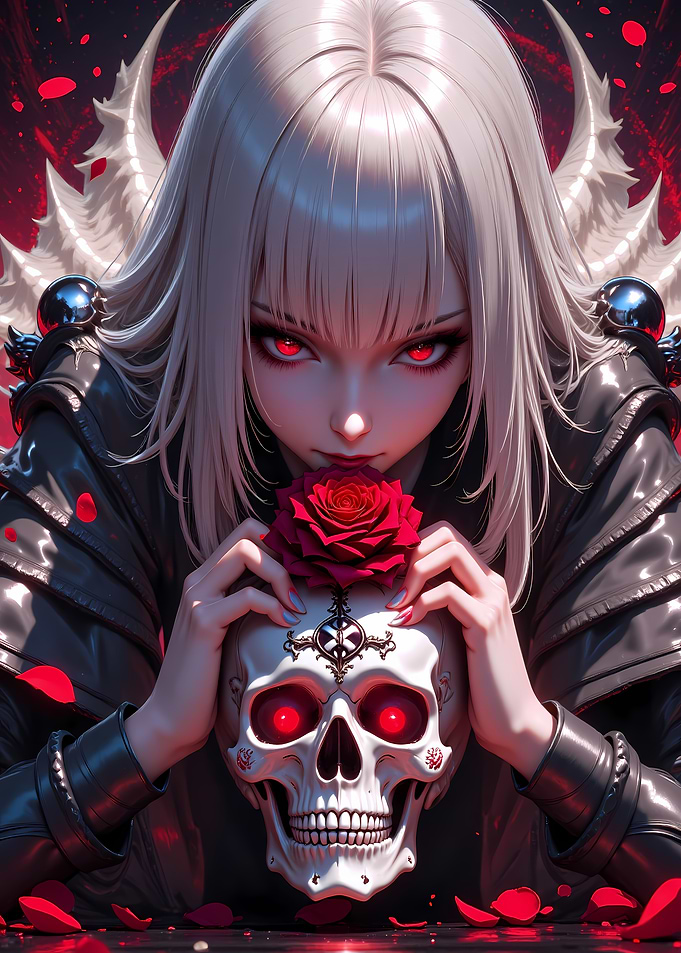 Gothic Anime Girl with Skull and Rose