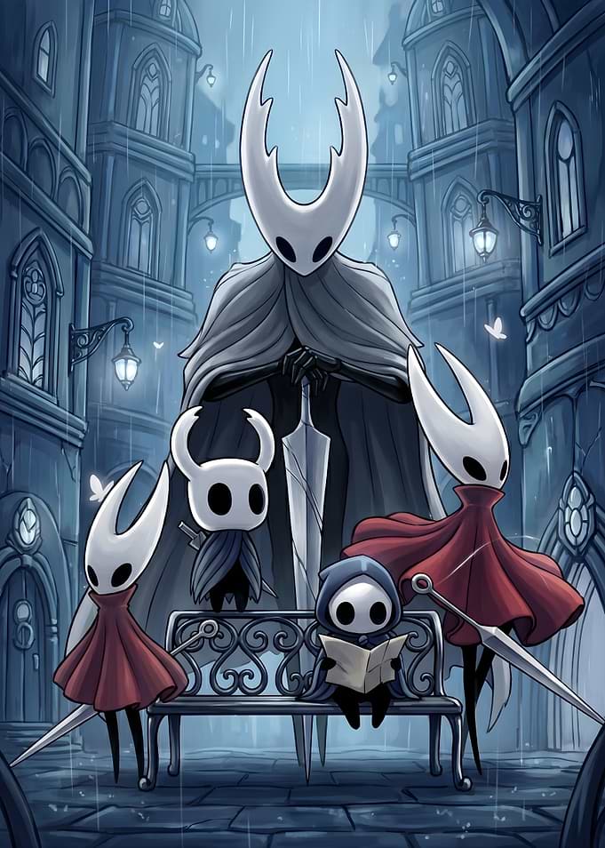 Hollow Knight characters in the rain