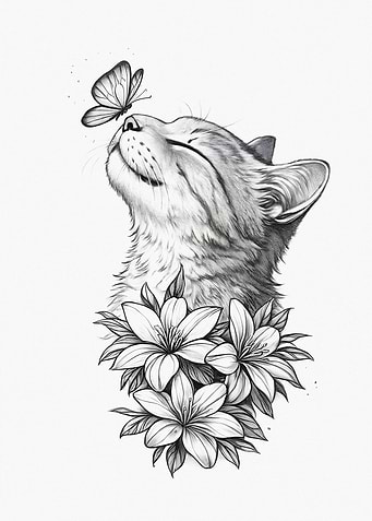 Cat and Butterfly Sketch with Flowers