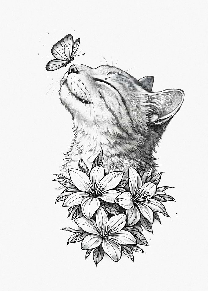 Cat and Butterfly Sketch with Flowers