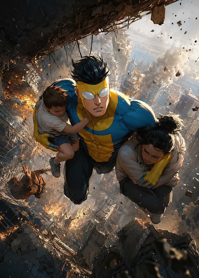 Invincible saving family from city destruction
