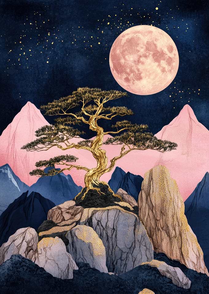 Bonsai Tree Under Pink Moon Kintsugi Art