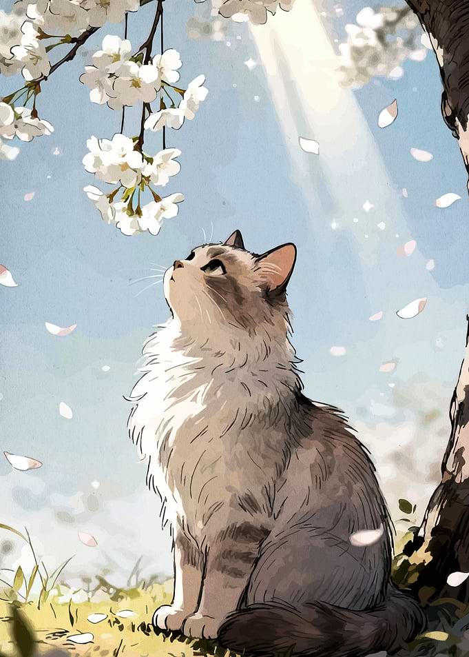 Cat Under Cherry Blossoms