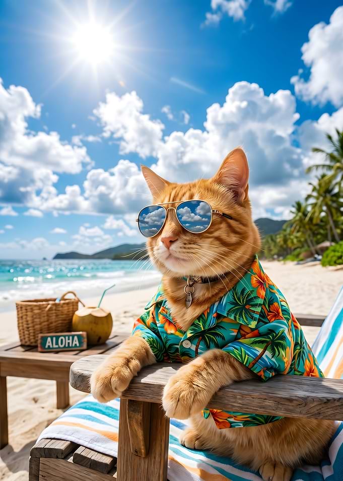 Cat in Hawaiian shirt on beach