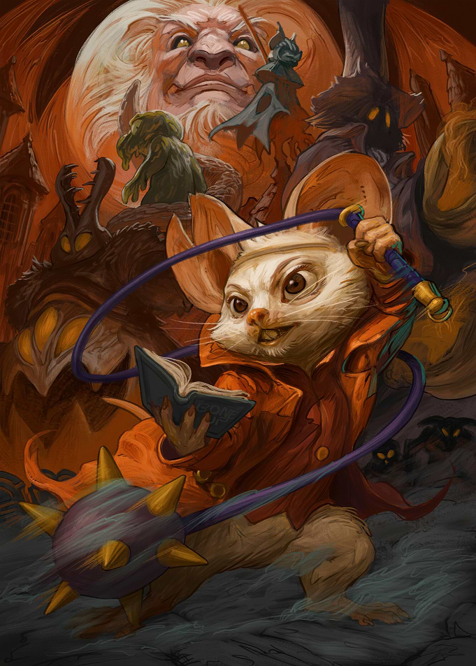 Mouse warrior with book and mace