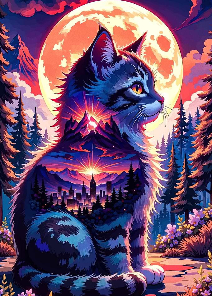 Cat with Cityscape and Mountains