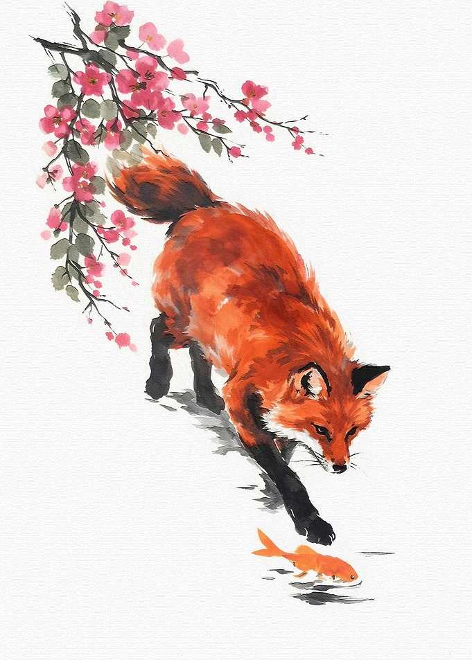 Fox and Goldfish under Cherry Blossoms