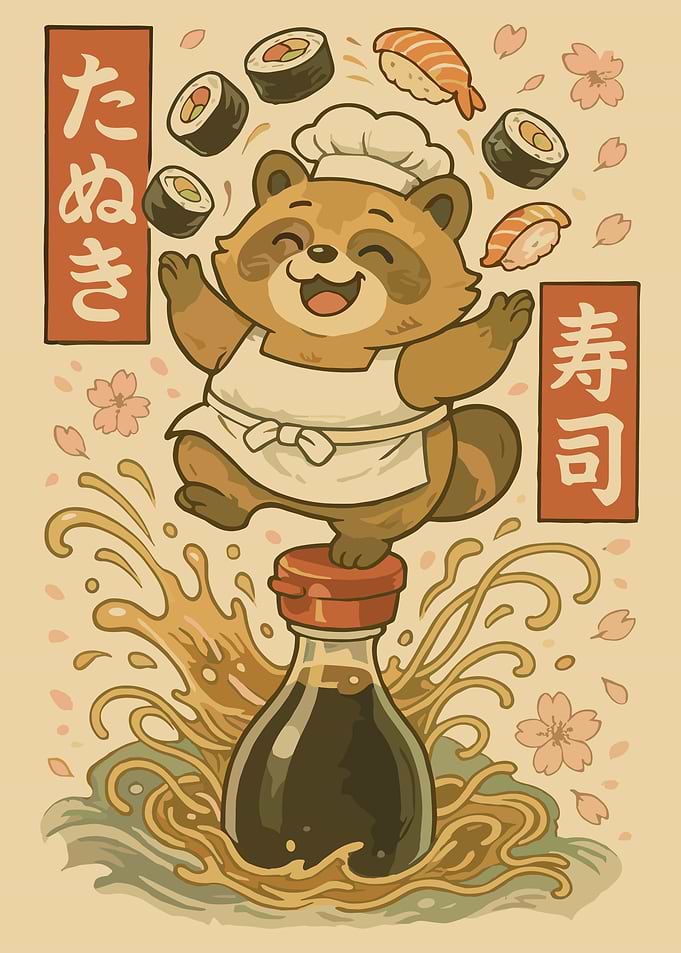 Tanuki Sushi Chef – Cute Japanese Food Art Whimsical Poster