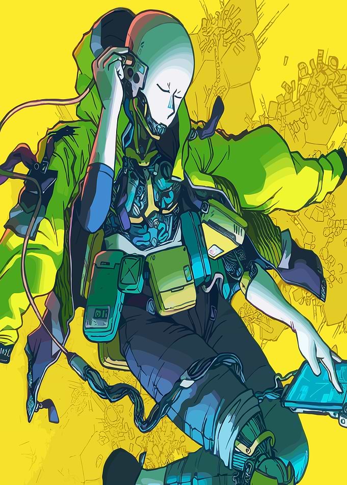 Cyberpunk character with headphones and tablet