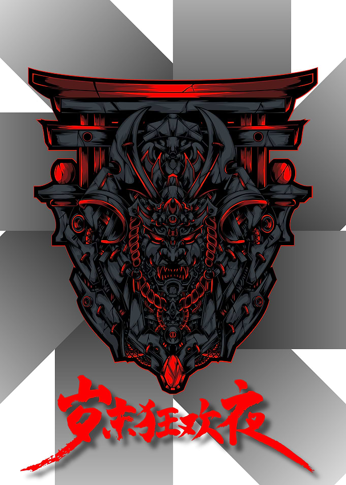 Cyberpunk Oni Mask Torii Gate