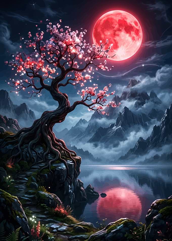 Enchanted Cherry Blossom Tree Under a Red Moon