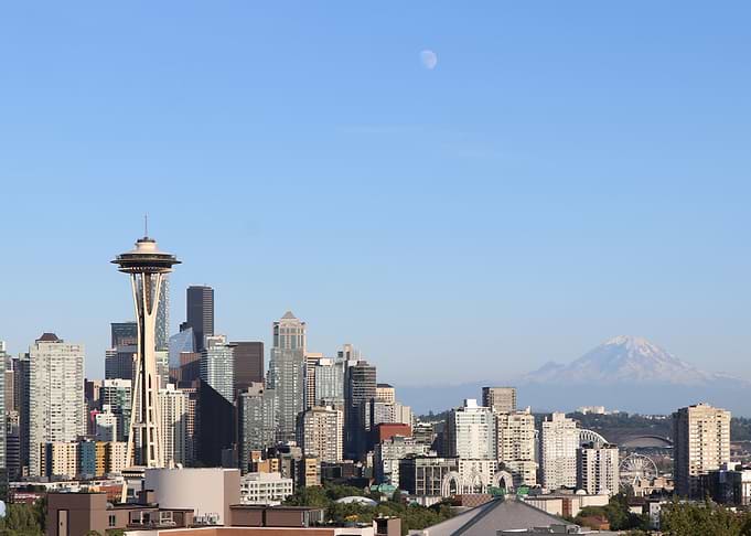 Seattle Skyline with Space Needle, Mount Rainier and Moon