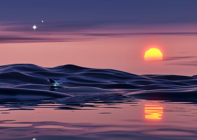 Futuristic Aircraft Over Alien Ocean at Sunset