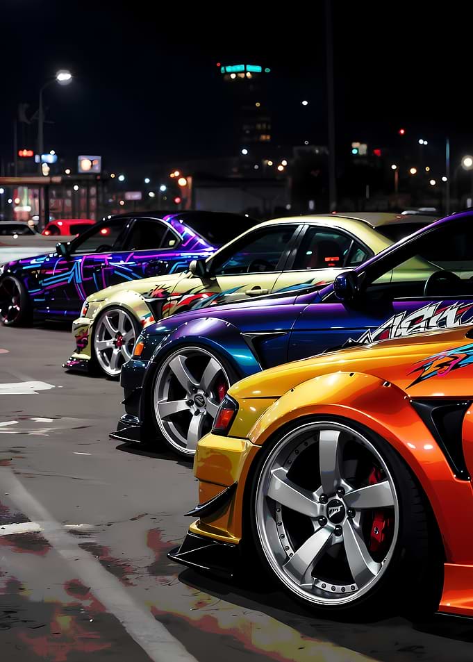 Tuned Cars Lined Up at Night