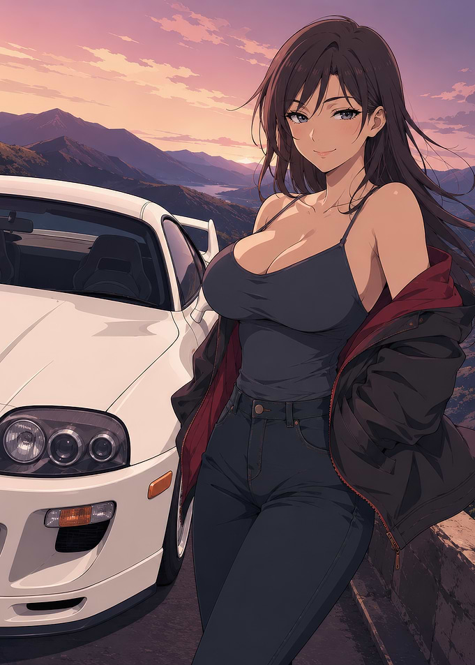 Anime woman with sports car at sunset