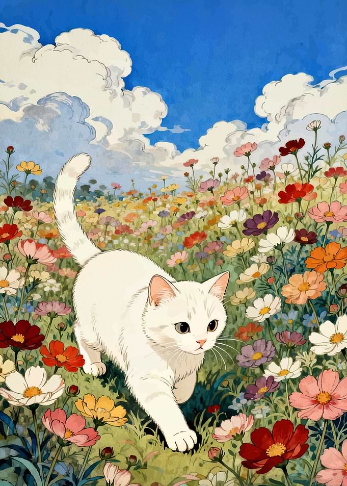 White Cat in a Flower Field