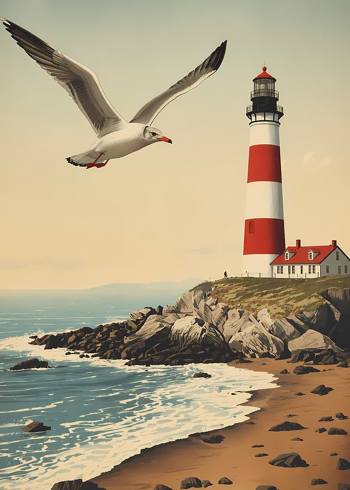 Seagull flying over a lighthouse