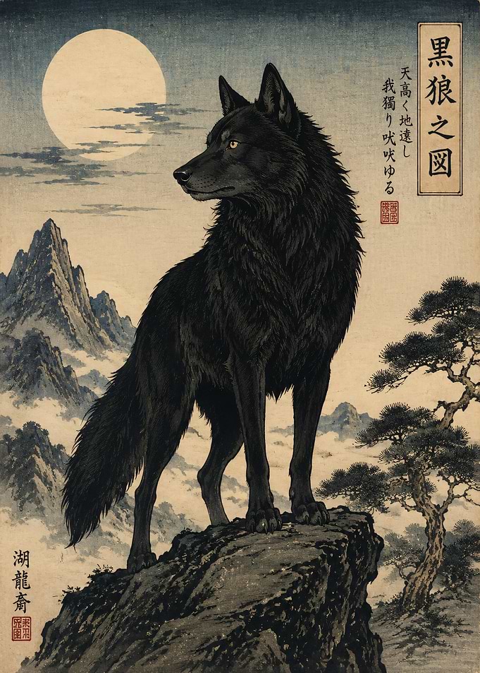 Black Wolf Under the Moon