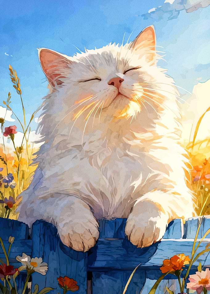 Fluffy White Cat Enjoying the Sun