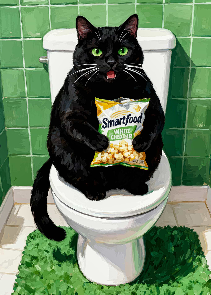 Cat with Popcorn on Toilet