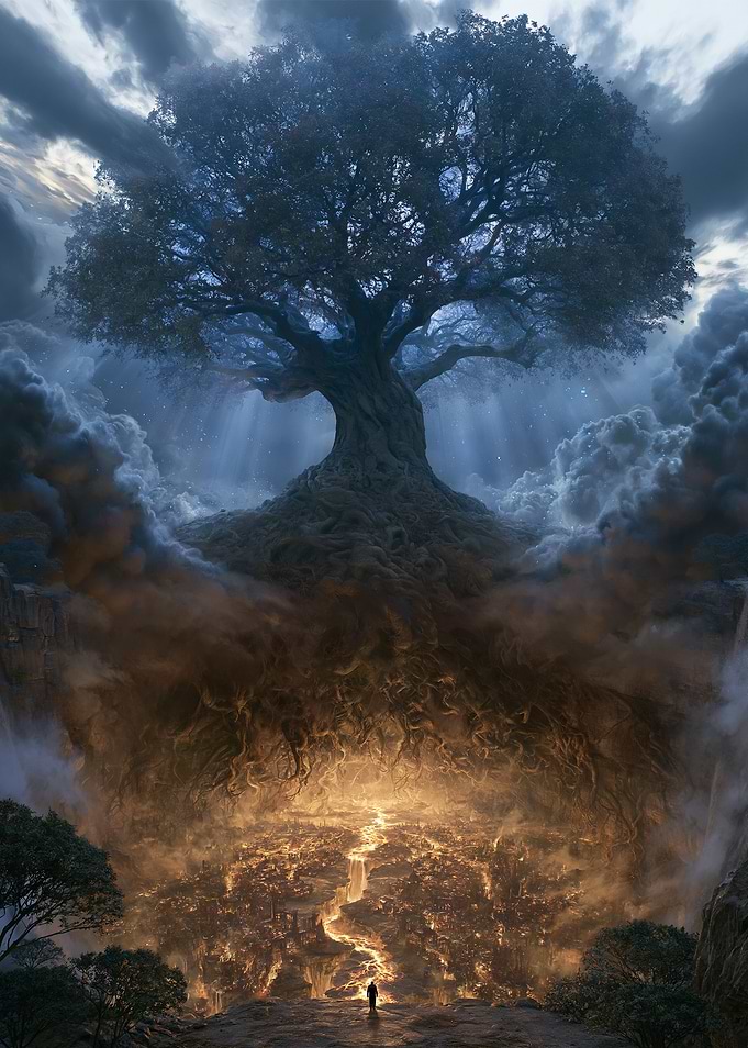 Epic Tree of Life Over Fiery City