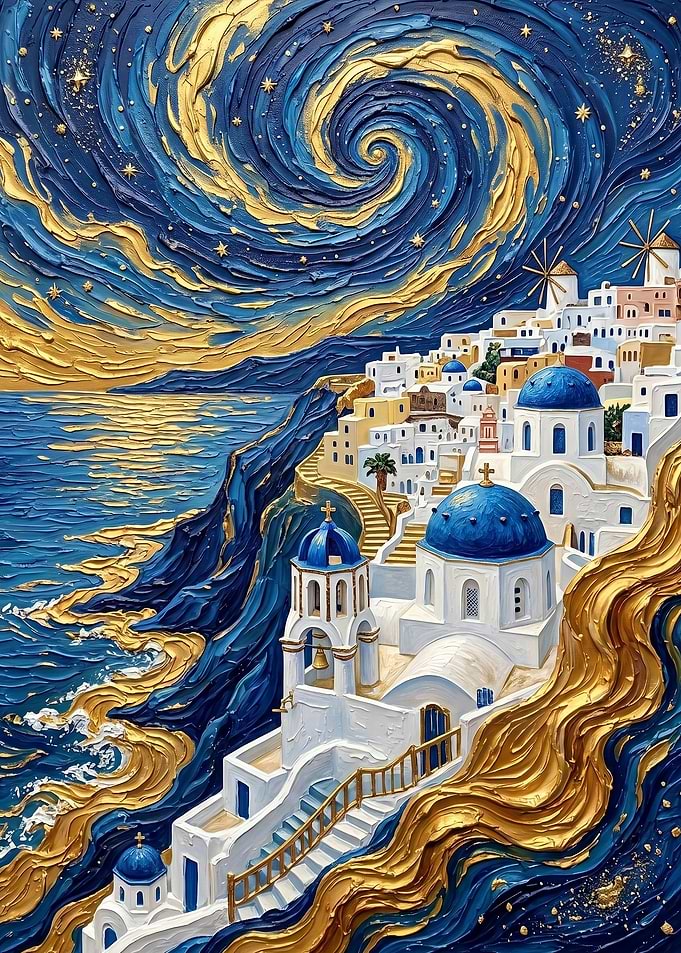 Santorini Starry Night Painting