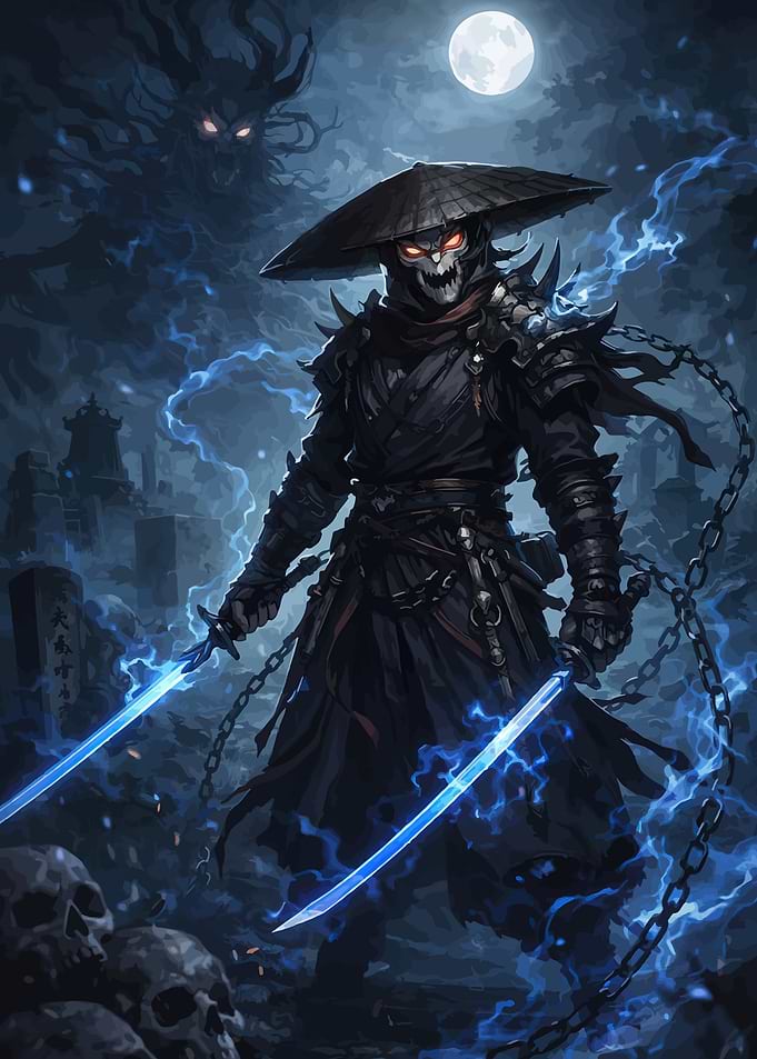 Ghostly Samurai Warrior with Blue Swords