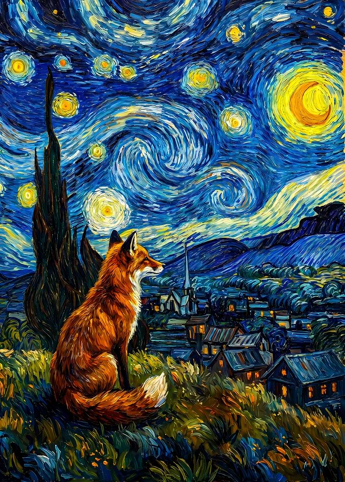 Fox Under Starry Night Sky