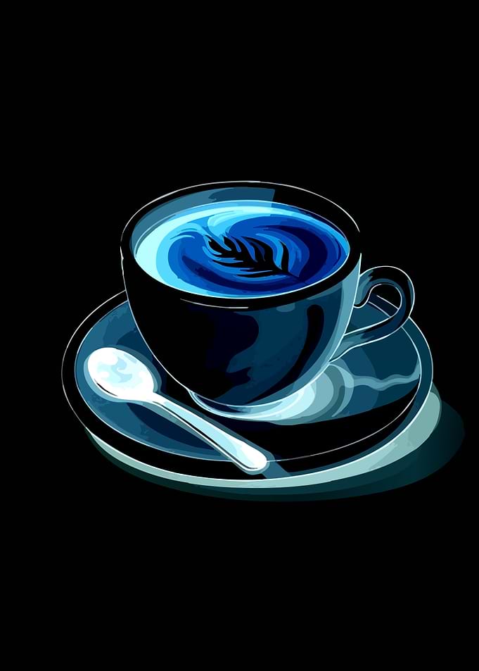 Blue latte art in a dark cup