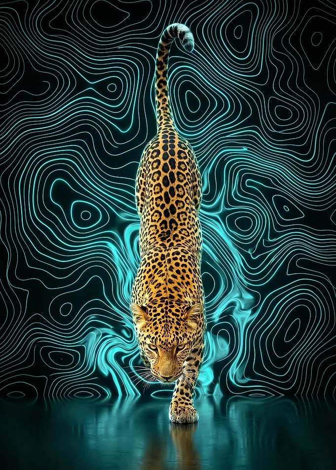 Leopard on a Neon Topographic Background