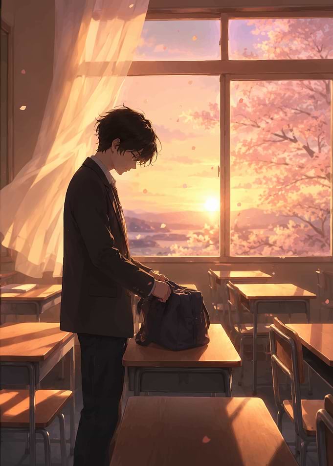 Anime boy in classroom at sunset