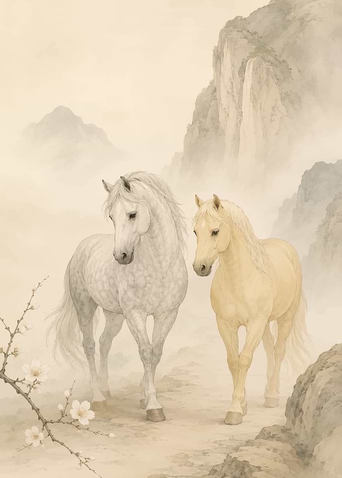 Two Horses in a Misty Landscape