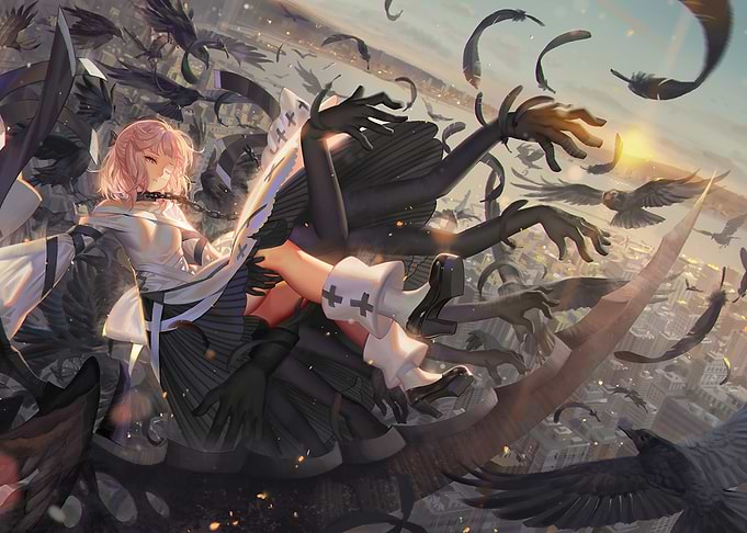 Anime Girl Surrounded by Crows and Feathers