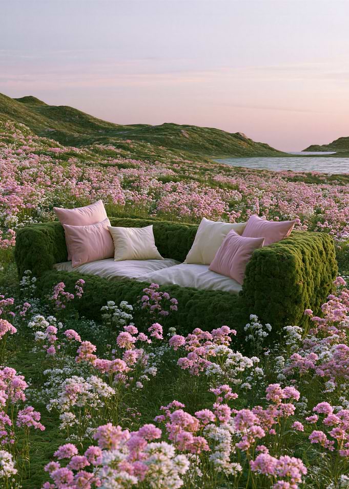 Moss Sofa in a Field of Flowers