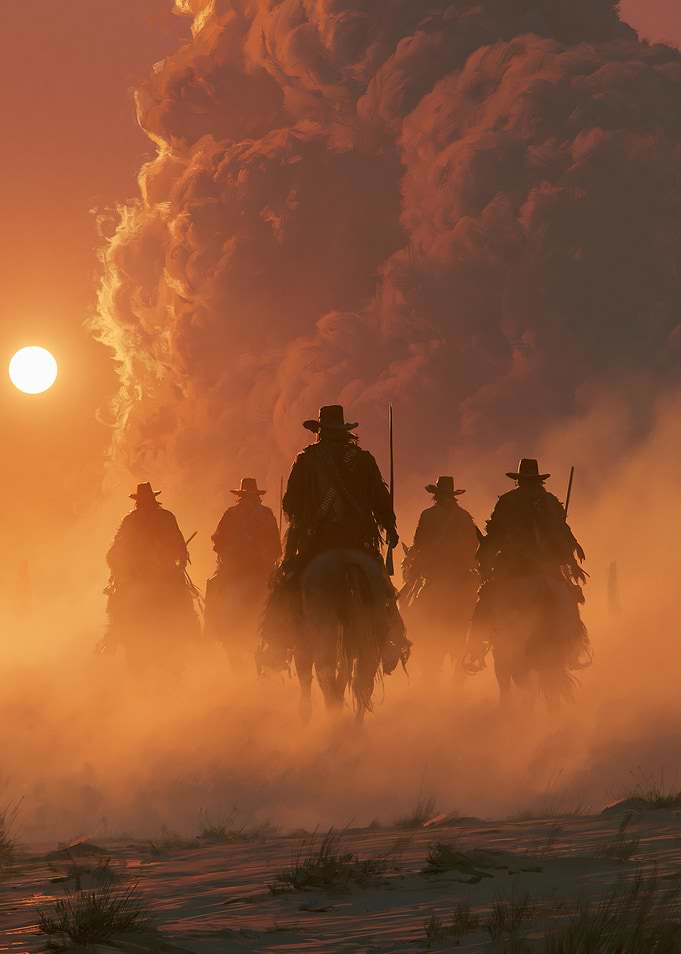Cowboys riding through a dusty sunset
