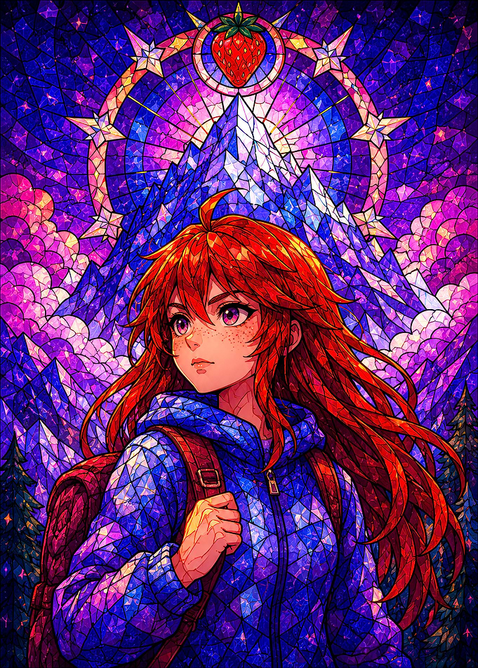 Stained Glass Anime Girl on Mountain