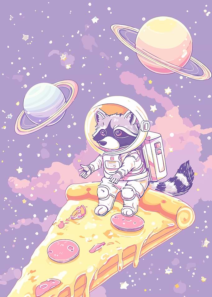 Astronaut Raccoon Riding a Pizza in Space