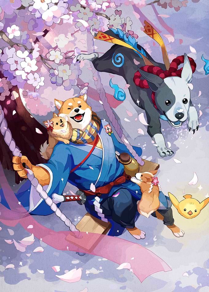 Anthropomorphic Dogs in Cherry Blossom Setting