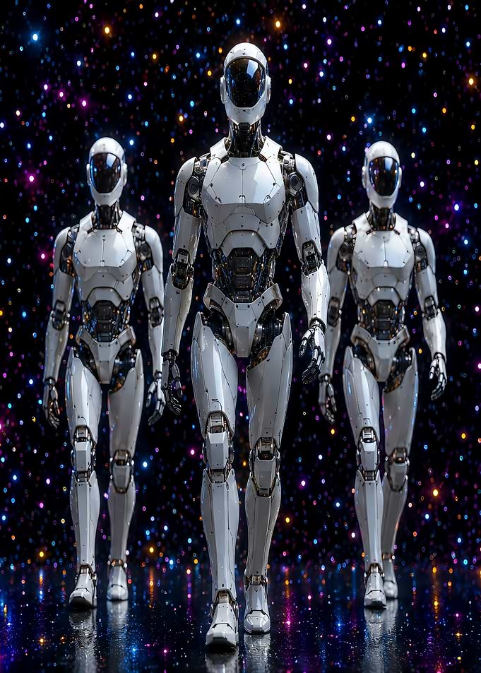 Three futuristic robots in space
